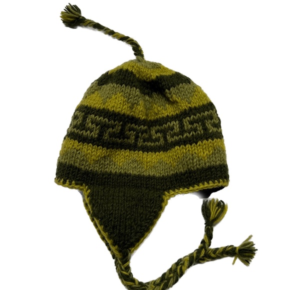Nepal Wool HAT Ear Flaps Tassel Knit Pattern Winter 3 Tone Green Braided Ties - Picture 2 of 7